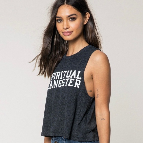 !SOLD! SPIRITUAL GANGSTER Heathered Dark Grey Logo Varsity Soft Muscle Tee Tank - Picture 2 of 10